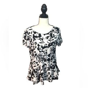 black and white floral print top with exposed zipper John Paul Richard Sz M